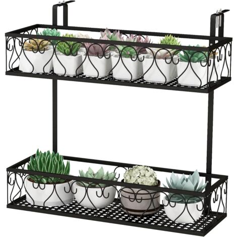 GOPLUS Portafiori a 2 Piani, Porta Vaso da Appendere con Ganci Regolabili, Scaffali in Metallo, Contenitore di Piante in Vaso per Balcone, Portico e Recinzione, 60 x 33 x 59cm, Nero (1/5)