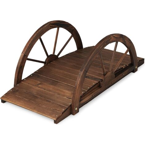 GOPLUS Ponte da Giardino in Legno, con Ringhiera di Sicurezza a Forma di Ruota Finitura Tinta, da Esterno per Cortile Giardino Torrente Fattoria, 101,5 x 48,5 x 38 cm
