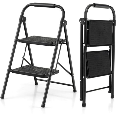 GOPLUS Scaletta 2 Gradini, Scala Pieghevole con Gradini Ampi Antiscivoli Piedini e Maniglie e Telaio Robusto in Metallo, Scaletta Portatile Leggera per Casa Ufficio, 47 x 39 x 71 cm