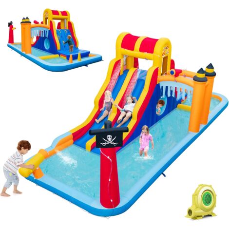 GOPLUS Scivolo d'Acqua Gonfiabile, Parco Acquatico 6-in-1 per Bambini con Parete da Arrampicata, Piscine per Schizzi, Include Picchetti, Kit di Riparazione & Borsa da Trasporto