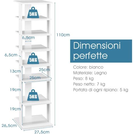 Scarpiera con 7 ripiani, in legno, scarpiera verticale, scarpiera
