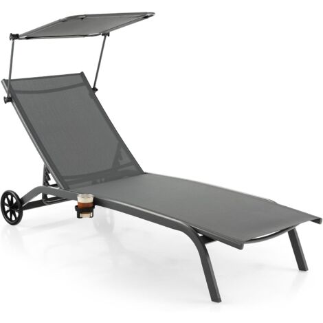 GOPLUS Lettino, Sedia a Sdraio con Schienale Regolabile e Protezione Solare, Lettino da Giardino con Ruote e Portabicchieri, in Tessuto Traspirante, Piscina, Terrazza e Spiaggia (Grigio)