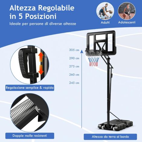 Canestro Da Basket Regolabile Per Interni/Esterni - Tabellone Infrangibile 32 Cm, Supporto In PE, Facile Montaggio