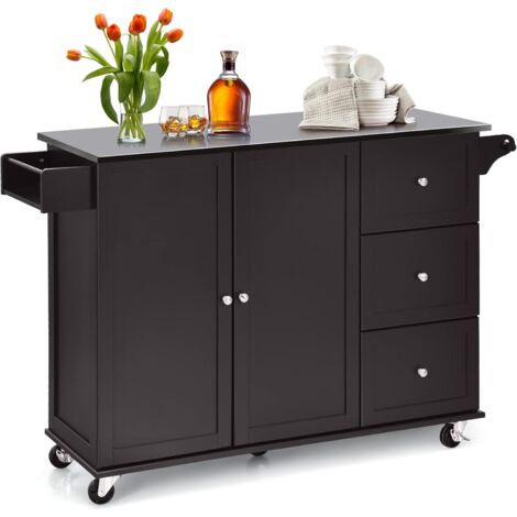 GOPLUS Carrello da Cucina, Isola da Cucina con piano di Lavoro in Acciaio Inox e 3 Cassetti, Carrello da Portata con Ruote e Ripiani Regolabili per Sala da Pranzo, 135 x 45,5 x 91,5 cm (MARRONE)