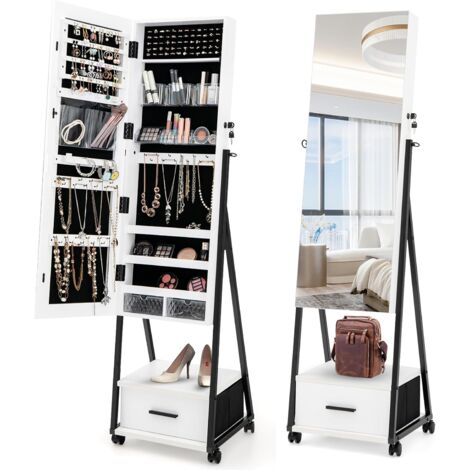 GOPLUS Armadietto Per Gioielli 2 In 1 Con Specchio A Figura Intera, Organizer Per Gioielli Con Rotelle Armadietto Per Gioielli Con Serratura Per Camera Da Letto 73768084