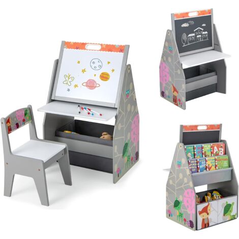 GOPLUS Tavolo da Disegno e Stazione di Gioco per Bambini con Sedia, Set di Tavolo e Sedia per Bambini con Lavagna Magnetica a Doppia Faccia Girevole (Grigio e Bianco)