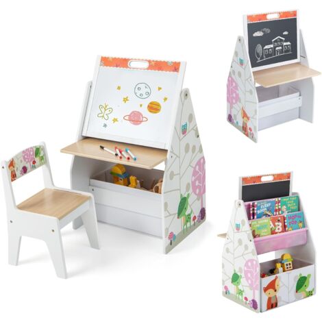 GOPLUS Tavolo da Disegno e Stazione di Gioco per Bambini con Sedia, Set di Tavolo e Sedia per Bambini con Lavagna Magnetica a Doppia Faccia Girevole (Bianco e Naturale)