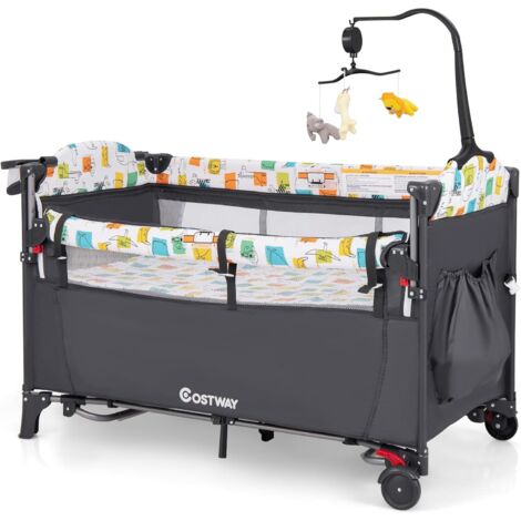 GOPLUS 5 in 1 Lettino per Bambini Pieghevole e Portatile con Fasciatoio, Dondolo, Altezza Regolabile, con Ruote, Materasso e Borsa, Giocattoli Appesi (Grigio)