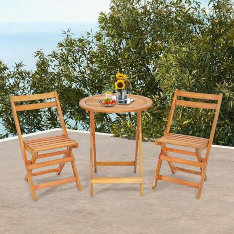 GOPLUS Set Tavolino e 2 Sedie Pieghevoli per Giardino, Tavolo e Sedie in Legno di Acacia con Schienale a Doghe, Set di Mobili da Esterno per Patio Terrazza Bordo Piscina, Naturale (1/5)