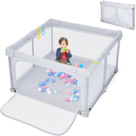 GOPLUS Box per Bambini, con 50 Palline e 4 Impugnature, Anelli e Porta, Recinto per Bambini con Rete Traspirante e Cerniera, per Bambini da 10 Mesi a 6 Anni, 124 x 124 x 70 cm (Grigio chiaro)