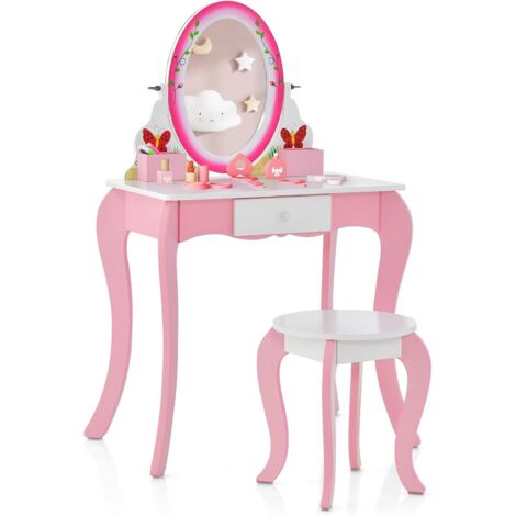 AIYAPLAY Set Frisiertisch con Sgabello per Bambini, Specchio da Trucco, Design Orsetto, Cassetto