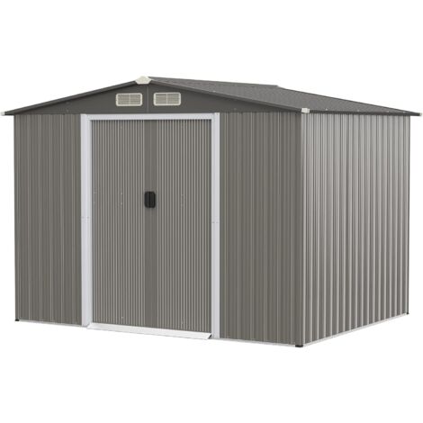 GOPLUS Casetta da Giardino, con Base, 2 Porte Scorrevoli e 4 Sfoghi, Capanno in Lamiera di Acciaio e Lamiera Zincata, Ideale per Porta Attrezzi, Tosaerba (Grigio scuro)
