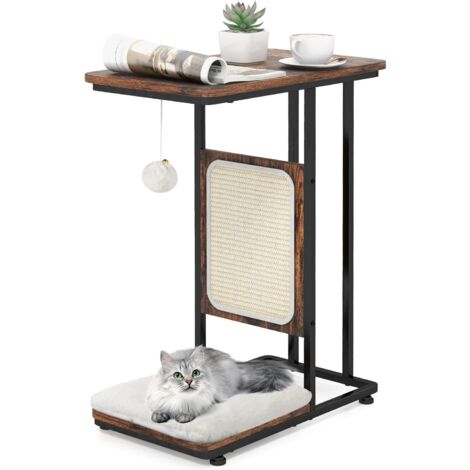 GOPLUS Albero Tiragraffi per Gatti e Tavolino, Tavolino a Forma di C con Tiragraffi, Cuscino Lavabile e Rimovibile, Pompon, Comodino Torre per Gatti Moderno per Soggiorno Camera da Letto