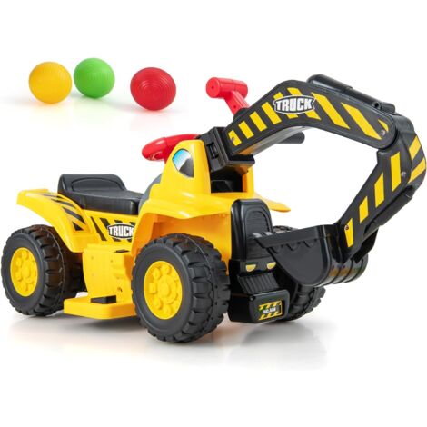 GOPLUS 6V Escavatore Elettrico per Bambini con Clacson e Effetti Sonori, Spazio di Archiviazione, Cestino da Basket con 3 Palline, Veicolo Giocattolo da Costruzione, Regalo per Bambini dai 2+ Anni