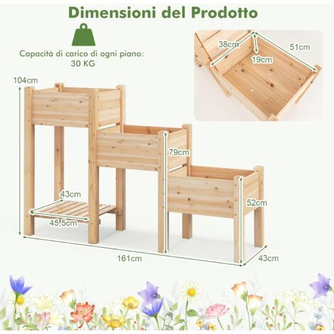 Letto rialzato in legno con foro di drenaggio, letto da giardino con gambe, contenitore per piante, fiori e ortaggi (marrone