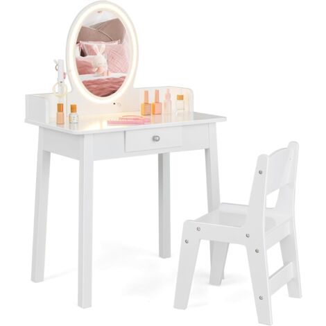 GOPLUS Toeletta da Trucco per Bambini con Specchio Illuminato e Sedia, Postazione Trucco con Luce LED a 2 Colori, Cassetto e Portagioie a Forma di Albero, Toletta Trucco per Bambine, Bianco