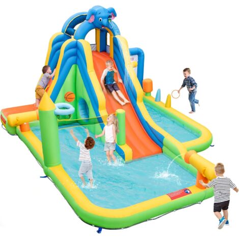 GOPLUS Scivolo D'Acqua Gonfiabile Senza Soffiatore, Parco Acquatico 9 in 1 per Bambini con Piscina, Parete di Arrampicata, Pistole D'Acqua, Basket, Lancio di Palline, con o Senza Acqua