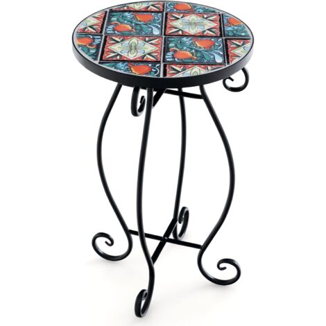 GYMAX Tavolino da Esterno ∅30 x 50 cm Mosaico, in Metallo, Rotondo,Ideale per Giardino, Balcone, Cortile e Bar (Stile 3