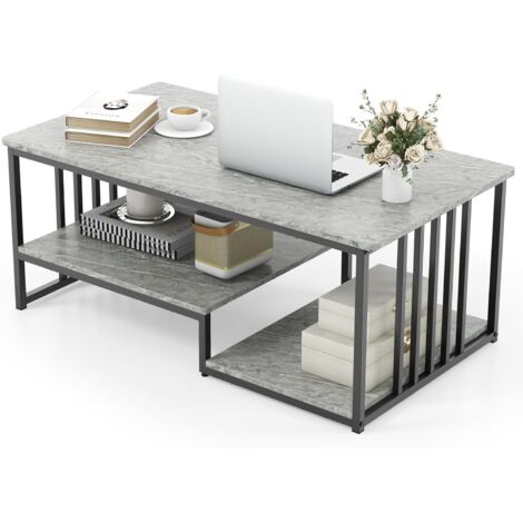 GOPLUS Tavolino da Caffè Effetto Marmo, Tavolino da Salotto Moderno a 2 Livelli con Ampio Piano e Ripiano Aperto, Tavolino Rettangolare con Telaio in Metallo per Soggiorno, Casa, Ufficio, Grigio (1/5)