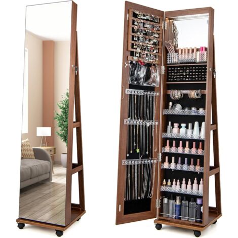 GOPLUS Mobile Portagioie Girevole a 360°, Specchio Portagioie con Luce LED, Porta Asciugacapelli, Ripiano da Toeletta, Specchio a Figura Intera 4-in-1 con Portagioie (Marrone)