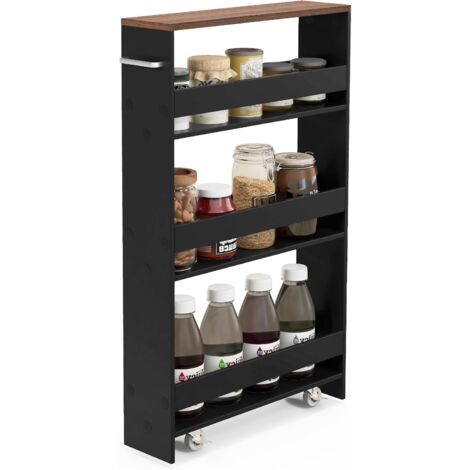 GOPLUS Scaffale a Nicchia con Ruote, Carrello a Scaffale a 4 Livelli con Maniglia, Carrellino Slim Stretto Salvaspazio per Cucina, Bagno, Lavanderia, 47,5 x 13 x 80,5 cm (Nero e Marrone)