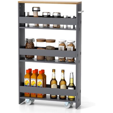 GOPLUS Scaffale a Nicchia con Ruote, Carrello a Scaffale a 4 Livelli con Maniglia, Carrellino Slim Stretto Salvaspazio per Cucina, Bagno, Lavanderia, 47,5 x 13 x 80,5 cm (Grigio)