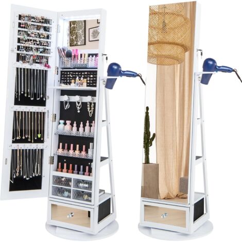 GOPLUS Mobile Portagioie Girevole a 360°, Specchio Portagioie con Luce LED, Porta Asciugacapelli, Ripiano da Toeletta, Specchio a Figura Intera 4-in-1 con Portagioie (Bianco)