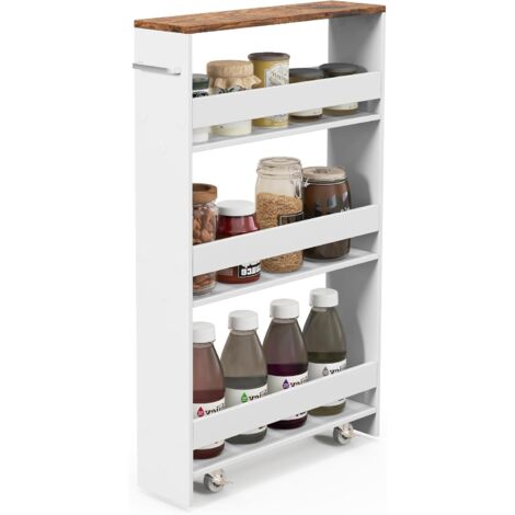 GOPLUS Scaffale a Nicchia con Ruote, Carrello a Scaffale a 4 Livelli con Maniglia, Carrellino Slim Stretto Salvaspazio per Cucina, Bagno, Lavanderia, 47,5 x 13 x 80,5 cm (Bianco)