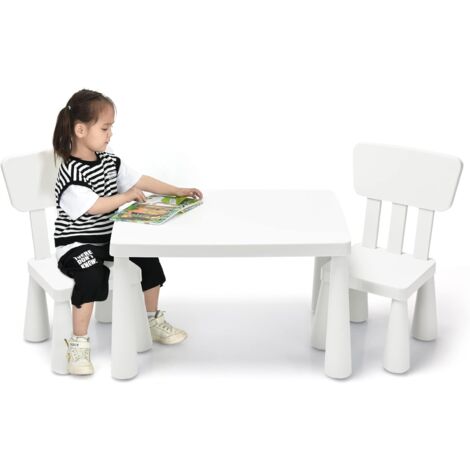 GOPLUS Set Tavolo e Sedie Bambini, un Tavolo e 2 Sedie di Plastica, per Mangiare, Leggere, Dipingere, Adatto a Bambini 1-7 Anni (Bianco)