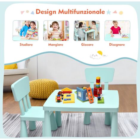 Set Tavolo E Sedia Per Bambini GYMAX - Con Rotolo Di Carta - Scrivania Con Archiviazione - Legno Di Pino - Grigio - Foto 3