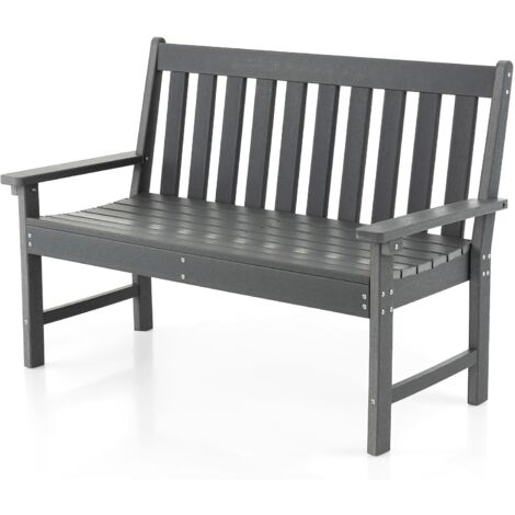 GOPLUS Panchina da Giardino a 2 Posti in HDPE, Panca da Esterno Impermeabile con Schienale Alto e Braccioli, Panca Robusta con Telaio a Doghe, per Giardino, Balcone, Patio, Grigio (1/5)