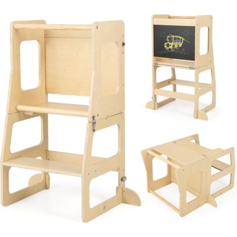 GOPLUS Sgabello per Bambini, Torre di Apprendimento per Bambini con Lavagna, Tavolo di Svezzamento, Sgabello e Protezione di Sicurezza, Sgabello da Cucina per Bambini per Piano Cottura e Bagno