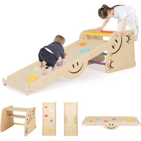 GOPLUS Set 2 Gioco da Arrampicata, Giocattoli da Arrampicata Montessori in Legno con Scaletta, Sgabello, Rampa in Roccia Reversibile, Scivolo e Altalena, Palestra da Arrampicata per Bambini 3+ anni