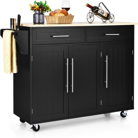 GOPLUS Credenza Mobile su Ruote, Carrello Cucina a 3 Ante con Maniglia, Ripiano Ragolabile in Altezza, 2 Cassetti, 6 Cubi Portaoggetti, Portasciugamani, 122x46x92,3 cm, Bianco (Nero) (1/5)