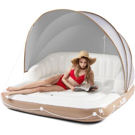 GOPLUS Materassino Gonfiabile per Piscina con Tettuccio, Gonfiabile Lounge per 2 Persone con Parasole, 2 Porta Bicchieri, Galleggiante per Lago, Spiaggia, Fiume, 180 x 180 x 160 cm