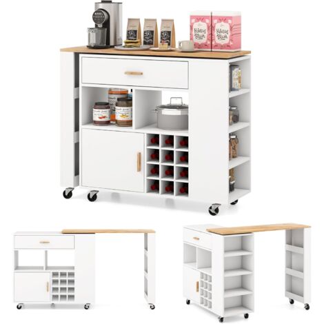 Mobiletto da Cucina con Ruote Portabottiglie e Porta bicchieri in Bambù 76x40x88 cm