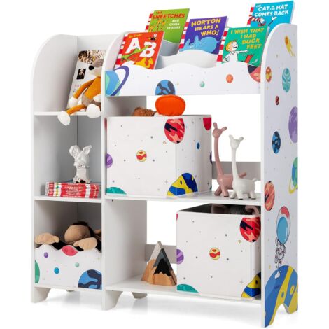 Scaffale Portagiochi In Legno Per Bambini GYMAX - 3 Livelli, 2 Cassetti Stoffa, Bianco, 93x29.5x102 Cm, 65 Kg Portata