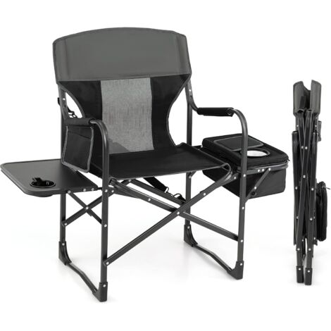 GOPLUS Sedia da Campeggio Pieghevole, con Tavolino e Scomparto Laterale e Braccioli, Sedia da Esterno, Sedia da Regista con Borsa Frigo, Capacità di Carico 180 kg, 113 x 56 x 98 cm (NERO)