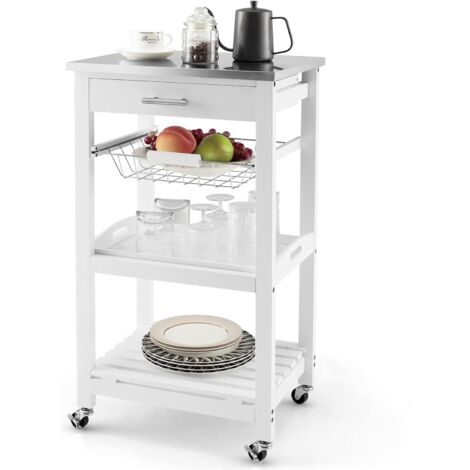 GOPLUS Carrello da Cucina con 4 Ripiani, Carrello di Servizio in Acciaio con Cestello Metallico Estraibile e 4 Ruote, Carrello con Cassetto per Cucina Sala da Pranzo, 47 x 40 x 85 cm, Bianco