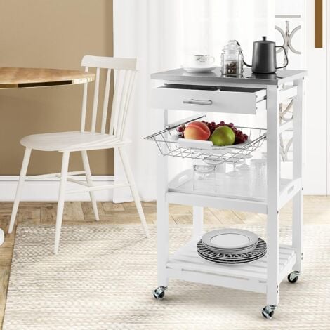 GOPLUS Carrello da Cucina con 4 Ripiani, Carrello di Servizio in Acciaio con Cestello Metallico Estraibile e 4 Ruote, Carrello con Cassetto per Cucina Sala da Pranzo, 47 x 40 x 85 cm, Bianco