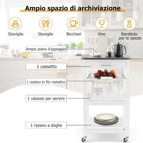 GOPLUS Carrello da Cucina con 4 Ripiani, Carrello di Servizio in Acciaio con Cestello Metallico Estraibile e 4 Ruote, Carrello con Cassetto per Cucina Sala da Pranzo, 47 x 40 x 85 cm, Bianco