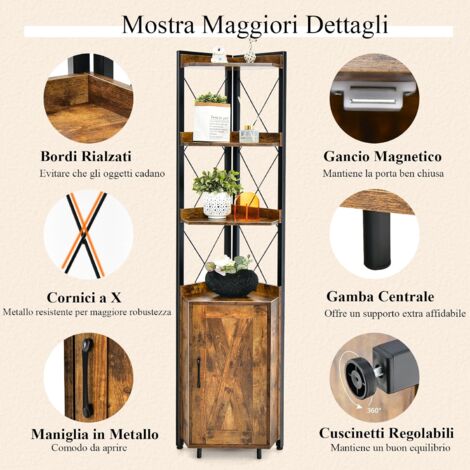 GILLAS Scaffale angolare a 5 ripiani, autoportante, scaffale angolare con mensola, organizer alto per soggiorno, camera da letto, ufficio (nero