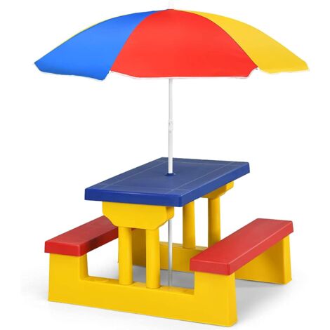 GOPLUS Mobili da Giardino per Bambini in PP e Nylon, Set di Mobili per Bambini con Tavolo, Panchine e Ombrellone, Utilizzabili all’Aperto e al Chiuso (omrellone colorato)