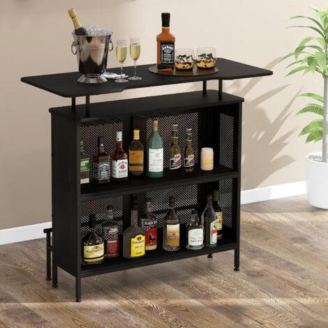 GOPLUS Tavolo da Bar, in Metallo, Mobile da Cucina con Ripiano Aperto e 6 Portabicchieri da Vino, Robusto Tavolino con Poggiapiedi Ergonomico, per Cucina e Sala da Pranzo, Nero