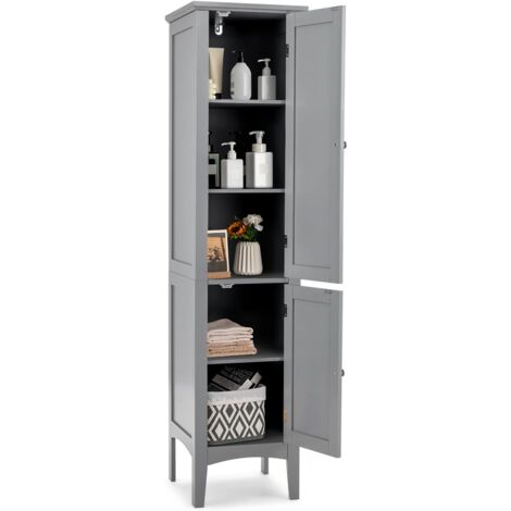GOPLUS Armadio Alto da Bagno, 37 x 37 x 160 cm, Mobile Stretto Portaoggetti, con 2 Porte, 5 Ripiani, Dispositivo Antiribaltamento, Colonna WC, per Soggiorno, Cucina, Ingresso (Grigio)