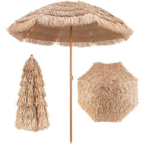 GOPLUS Ombrellone da Giardino da 2,2 m, Ombrellone da Mercato con 8 Costole, Design con Inclinazione a Pulsante, Stile Tropicale Hawaiano, Ombrellone da Esterno in Paglia per Spiaggia, Cortile