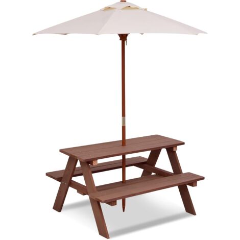 GOPLUS Set Tavolo da Picnic e Panca per Bambini, Tavolo da Gioco in Legno di Abete con Ombrellone Rimovibile e Pieghevole, per Giardino Cortile Patio, Bambini (Stile 2)