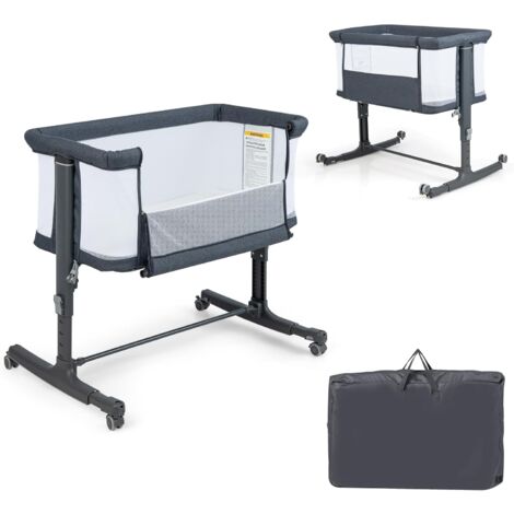 GOPLUS Culla per Bambini 3 in 1 Portatile e Inclinabile con Materasso, Borsa, Altezza Regolabile, Ruote Bloccabili, Lettino a Dondolo per Neonati (Grigio Scuro)