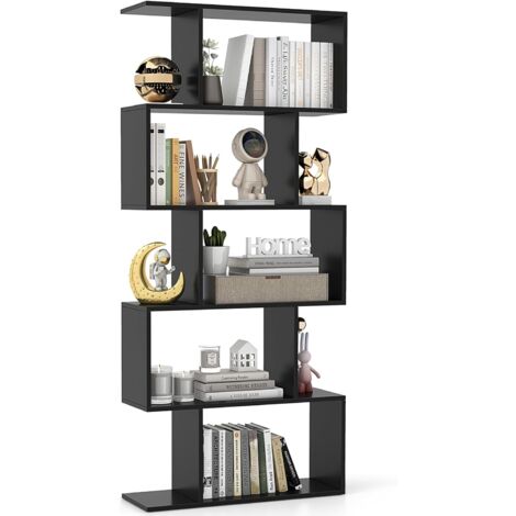 GYMAX Scaffale A Forma Di S 5 Livelli, Marrone 70x23,5x158 Cm, Con Dispositivo Anti-ribaltamento, Libreria Divisorio