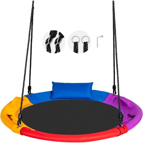 GOPLUS Altalena Rotonda Bambini, Sedia Sospesa da Giardino, Ø100 cm, Carico Max.150 kg, Altezza Regolabile 100-180 cm, Seduta con Maniglia e Cuscino, Swing Portabile, Colorato